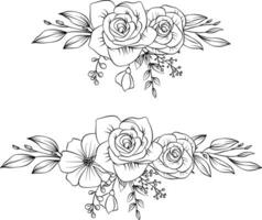 vintage flower vector image. Sketch composition, roses, and leaves, black and white hand drawn flowers