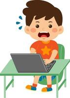 cute little kid boy use laptop vector