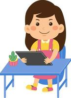 cute little kid girl use graphic tablet vector