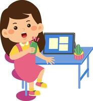 cute little kid girl use graphic tablet vector