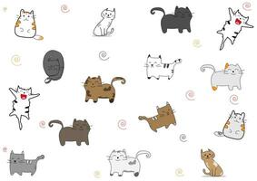 A cartoon drawing of several cats on a white background. vector