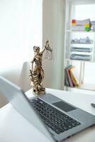 statue of god Themis Lady Justice is used as symbol of justice within law firm to demonstrate truthfulness of facts and power to judge without prejudice Themis Lady Justice is of justice. Copy Space photo