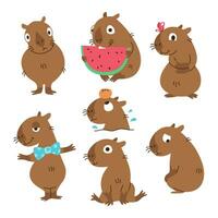 Cute capybara set. Funny capybara characters. Charming cute animal. Baby flat vector illustration on white background