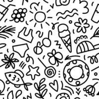 Fun black and white abstract summer doodles seamless pattern. Creative minimalist art background, trendy design with various shapes. Vector line illustration