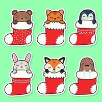 Set of Christmas stockings. Animals sleep in Christmas stockings. Christmas gift. Vector illustration