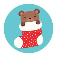 Cute bear sleeps in a Christmas stocking. Happy Holidays. Winter animal. Vector illustration.