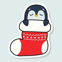 Cute penguin sleeps in a Christmas stocking. Happy Holidays. Winter animal. Vector illustration.