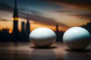 two white eggs on a table with a city in the background. AI-Generated photo
