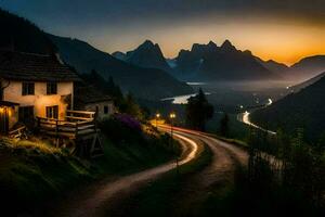 un la carretera líder a un casa en el montañas. generado por ai foto