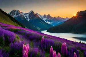 el Dom sube terminado el montañas y púrpura flores floración en frente de el lago. generado por ai foto