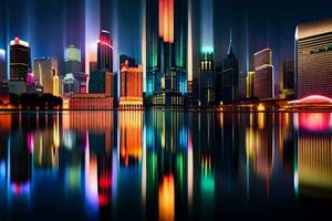 un ciudad a noche con brillante luces reflejando apagado el agua. generado por ai foto