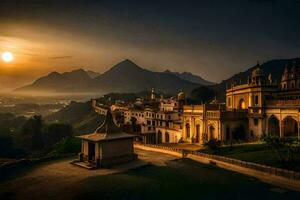 the sun sets over a palace in india. AI-Generated photo