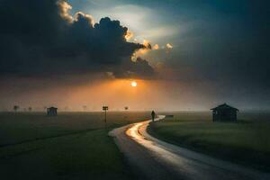 a road in the middle of a field with a sun setting behind it. AI-Generated photo