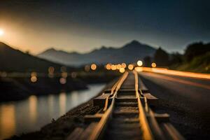 un tren pista con luces en eso a noche. generado por ai foto