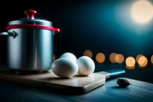 eggs on a cutting board with a pot and a candle. AI-Generated photo
