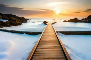 a wooden boardwalk leads to the ocean at sunset. AI-Generated photo