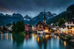 the town of switzerland is lit up at night. AI-Generated photo