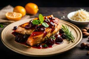 grilled salmon with cranberry sauce and herbs on a plate. AI-Generated photo