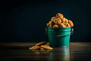 un Cubeta lleno con galletas en un mesa. generado por ai foto