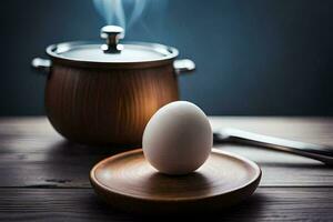 an egg sits on a wooden table next to a pot. AI-Generated photo