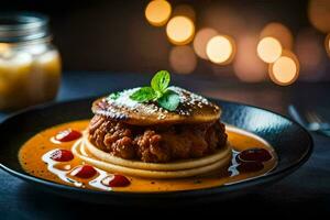 a plate with a meat dish on it. AI-Generated photo