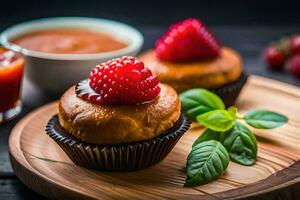 cupcakes with raspberry sauce and basil on a wooden board. AI-Generated photo