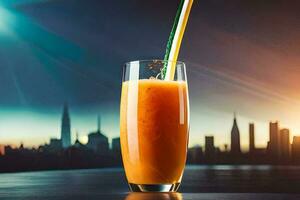 a glass of orange juice with a straw in front of a city skyline. AI-Generated photo