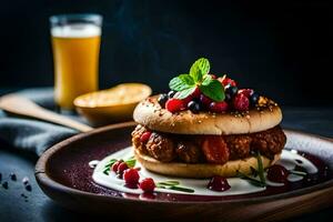 a burger with cranberries and cream on a plate. AI-Generated photo
