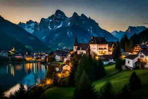 photo wallpaper mountains, lake, town, house, house, the mountains, lake, the mountains. AI-Generated