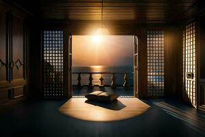 un habitación con un ventana mirando fuera a el océano. generado por ai foto