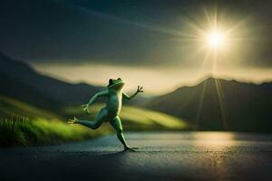 un rana corriendo a través de un la carretera a puesta de sol. generado por ai foto