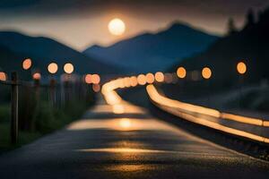 a long road with lights on it at night. AI-Generated photo