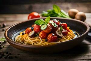 spaghetti with tomatoes and basil on a wooden table. AI-Generated photo