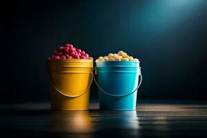 dos cubos de palomitas de maiz en un oscuro mesa. generado por ai foto