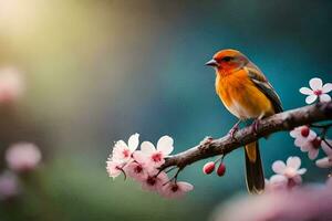 foto fondo de pantalla el pájaro, flores, primavera, el sol, el pájaro, primavera, el pájaro. generado por ai