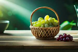 grapes in a basket on a table. AI-Generated photo