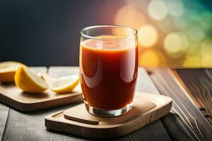 a glass of juice with lemons on a wooden table. AI-Generated photo