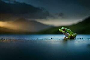 a frog sitting on the ground in front of a lake. AI-Generated photo