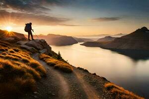 a man standing on a mountain overlooking a lake and mountains. AI-Generated photo