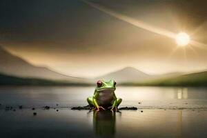 un rana sentado en el borde de un lago con el Dom en el antecedentes. generado por ai foto