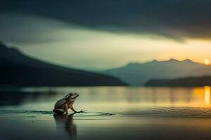 a frog sitting on the edge of a lake at sunset. AI-Generated photo