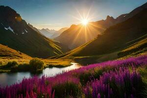 the sun rises over the mountains and purple flowers. AI-Generated photo