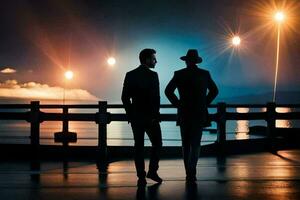 two men in suits stand on a pier at night. AI-Generated photo