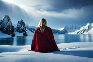 a woman in a red cloak sits on the snow near a lake. AI-Generated photo