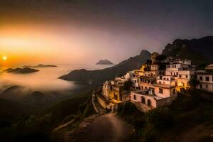 a village on the side of a mountain at sunset. AI-Generated photo