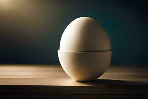 un huevo sentado en un mesa con un brillante ligero detrás él. generado por ai foto