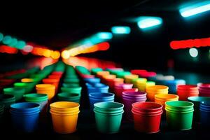 colorful plastic cups are lined up in a row. AI-Generated photo