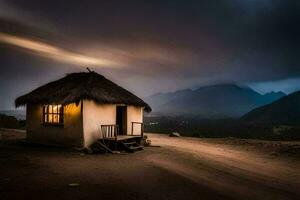 a small hut in the middle of a mountain. AI-Generated photo