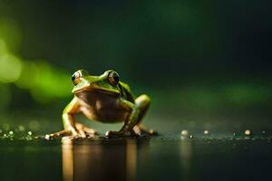 a frog sitting on the ground in the rain. AI-Generated photo