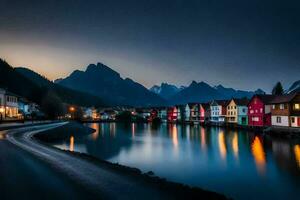 colorful houses on the shore of a lake at night. AI-Generated photo